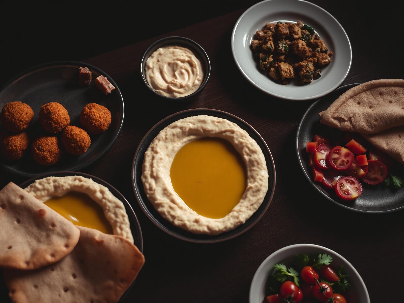 Middle Eastern mezze feast with falafel, hummus and pita